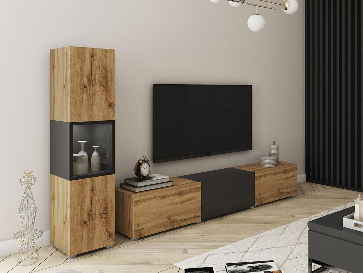 WOHNWAND Berlin I mit weißer LED Beleuchtung - Eiche Wotan/Alufarben, Holzwerkstoff/Kunststoff (180/30/33cm) - MIRJAN24