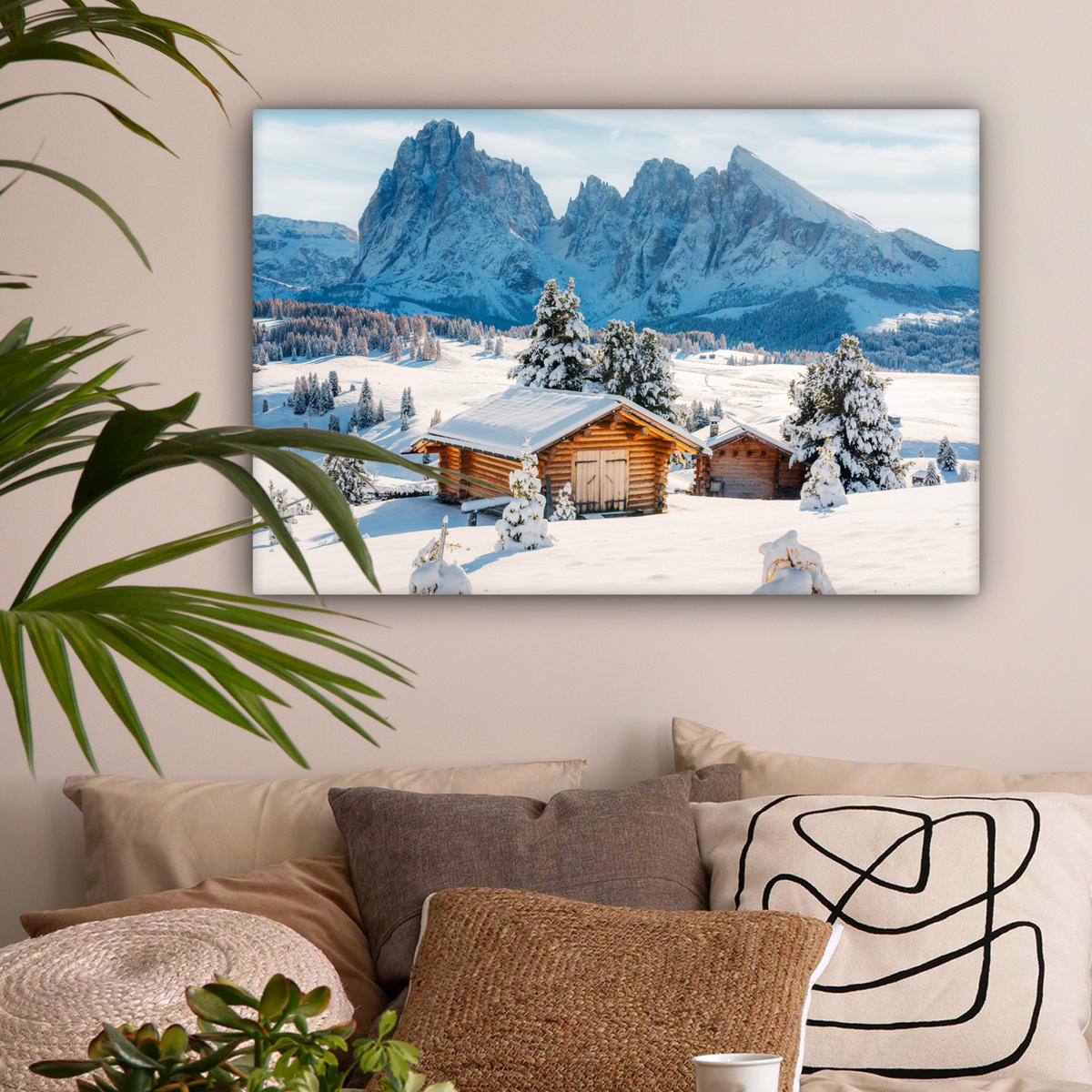LEINWANDBILD Winter - Hütte - Berge - Aussicht - Schnee Gemälde 60x40 cm - Eichefarben, Textil (60/40cm) - MuchoWow