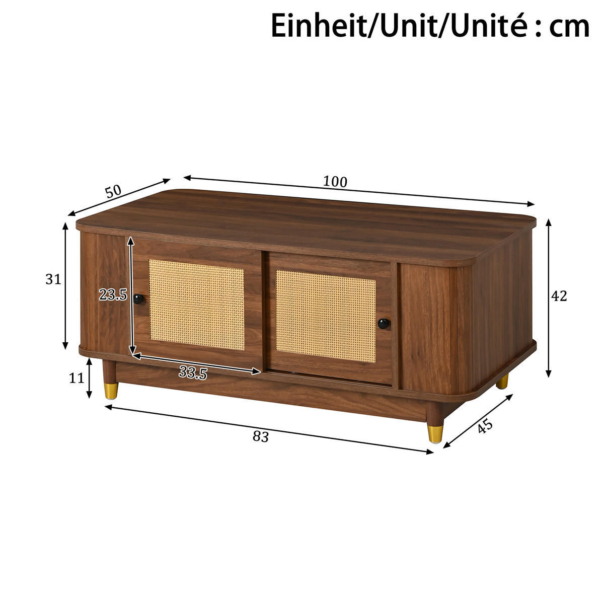 COUCHTISCH Rattan 100/50/42 Schiebetüren MDF Stauraum - Braun, Holz (50/100/42cm) - Bomclap