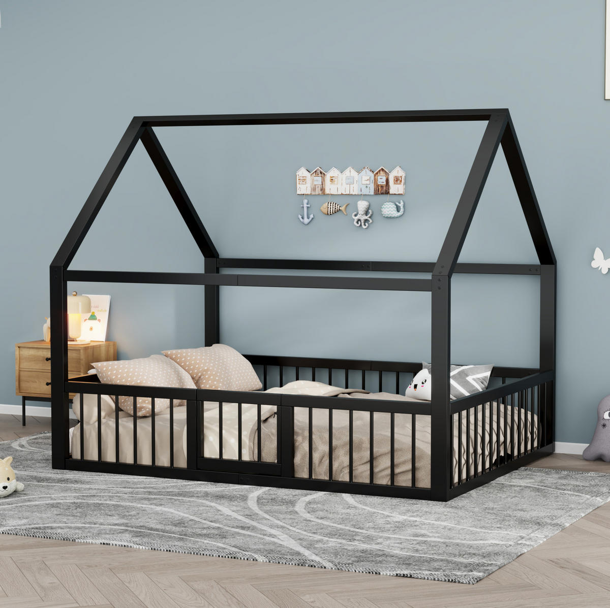 HAUSBETT aus Metall 140x200 cm Schwarz mit Dachdesign, Sicherheitsgeländer und Tür - Schwarz, Metall (140/200cm) - Modfu