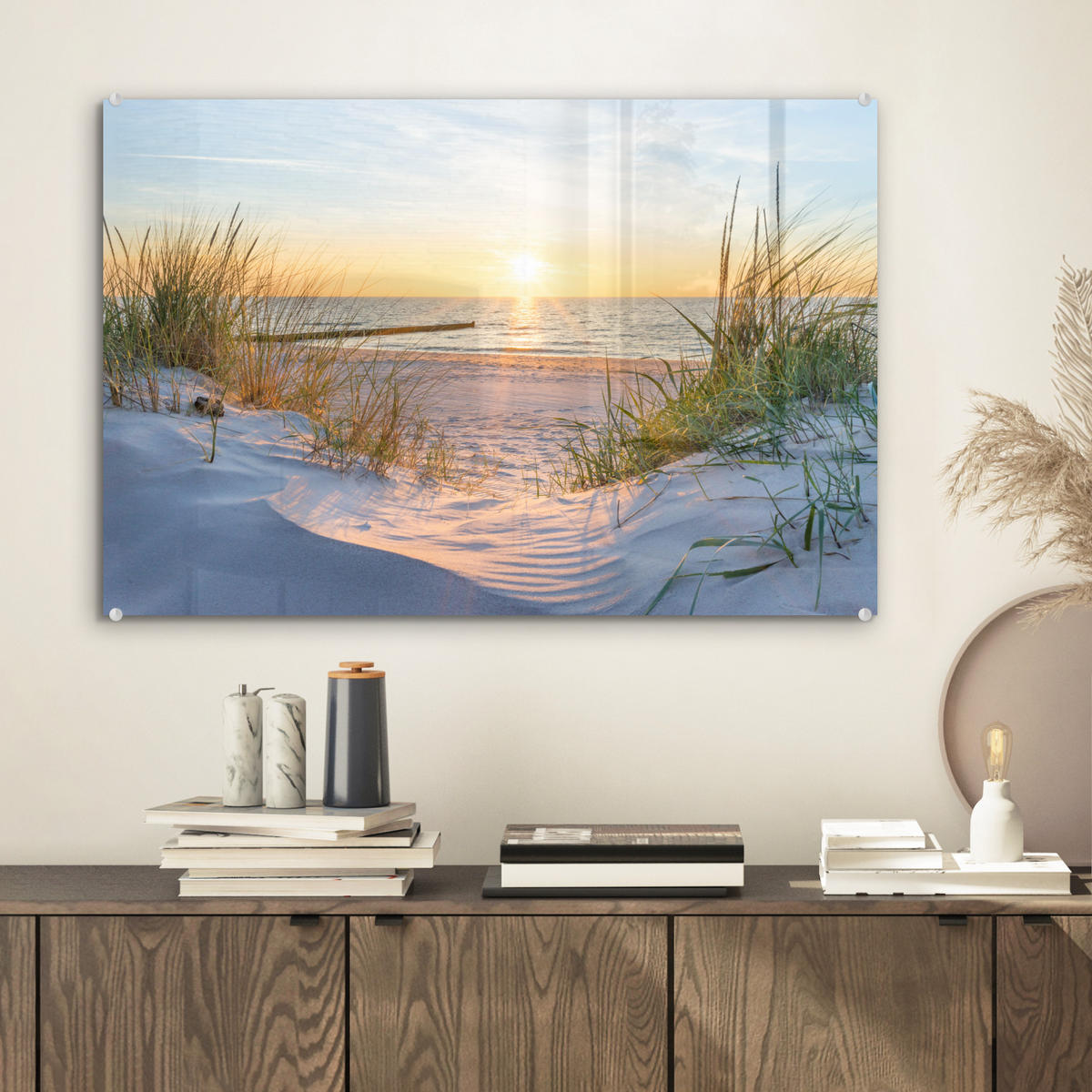 ACRYLGLASBILD Strand - Sonne - Düne - Gras - Sand - Horizont 60x40 cm - Hellblau, Glas (60/40cm) - MuchoWow