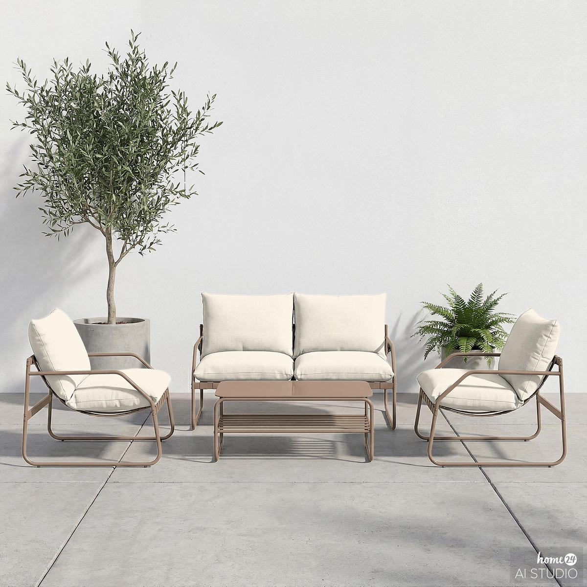 LOUNGEGRUPPE - 4-teilig - Stahl / Webstoff - Taupe, Glas/Textil - home24