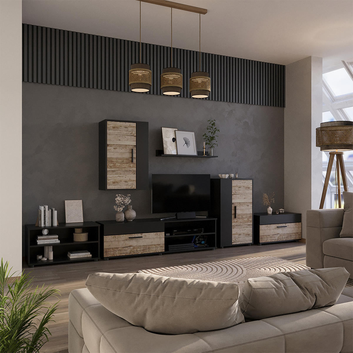 NÁSTĚNNÁ POLICE Berno Černý/pískový dub - černá/Sonoma dub, kompozitní dřevo (50.1/78.4/28.3cm) - Vicco