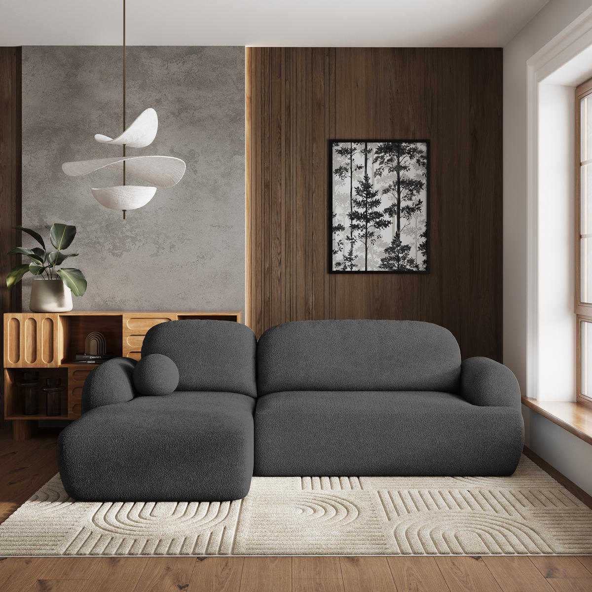 ECKSOFA MODENZA N L-S Grau Boucle-Stoff mit Schlaffunktion - Schwarz/Grau, Holz/Kunststoff (266/148cm) - MASSENO