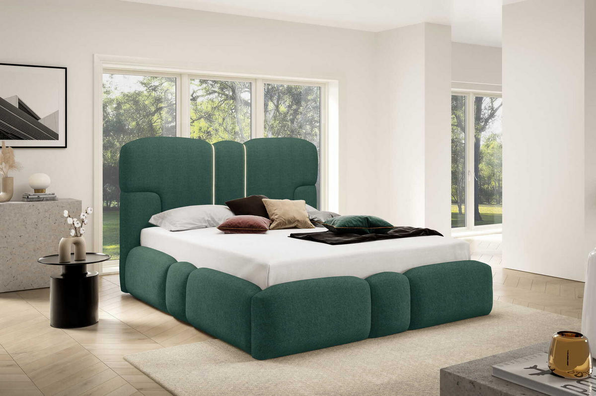 POLSTERBETT 180x200 Safron mit LED, Metall-Lattenrost, Grün - Grün, Holz/Textil (180/200cm) - Emporius