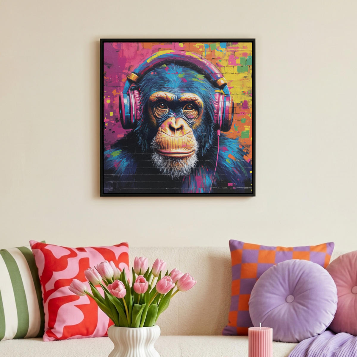 LEINWAND Bilder mit Rahmen - Graffiti - Schimpanse - Straßenkunst - Kopfhörer - Affe - 50x50 - Blau, Textil (50/50cm) - MuchoWow