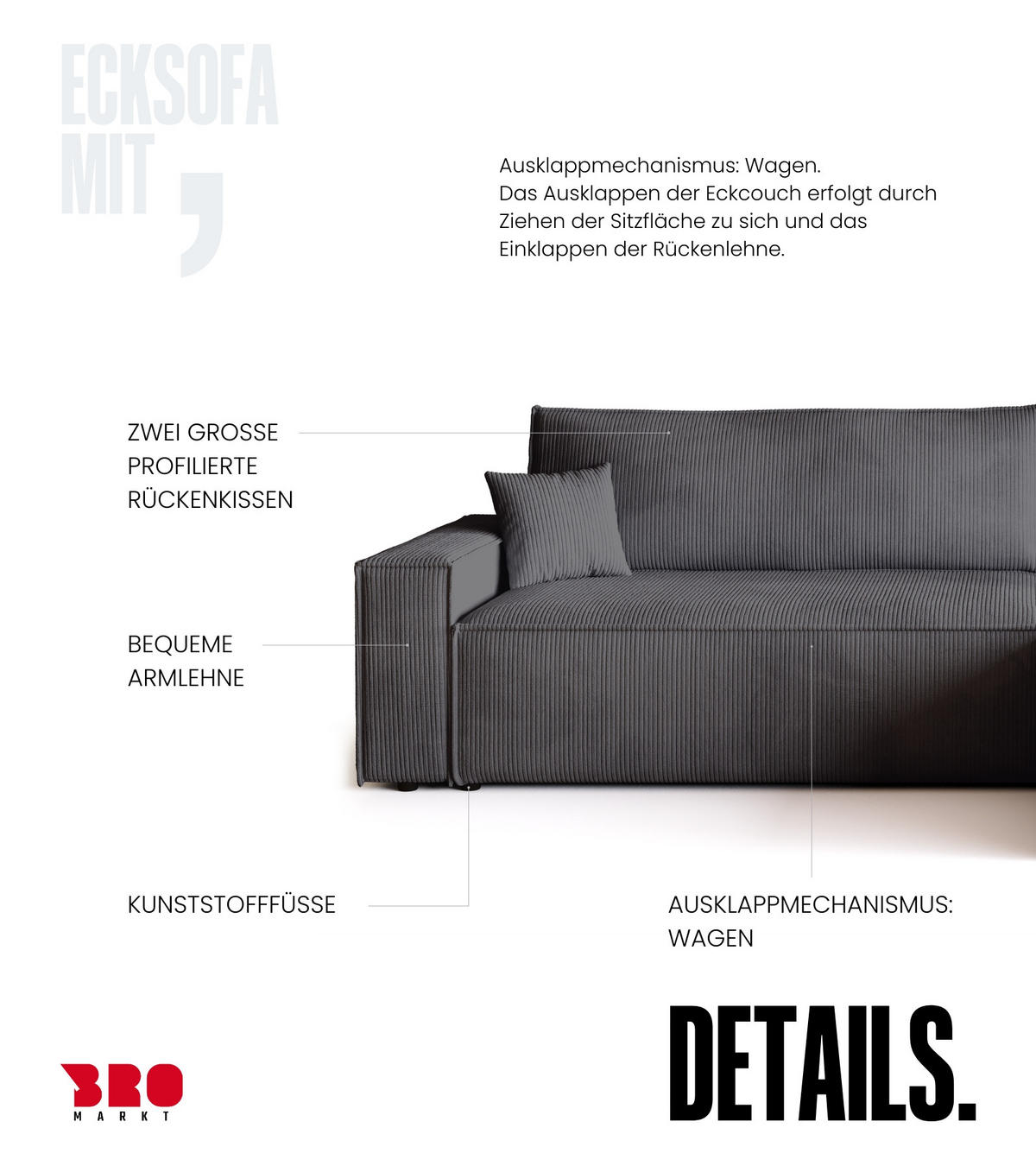 ECKSOFA ADI XL mit Schlaffunktion Grau Cord - Grau, Textil (272/143cm) - Bromarkt