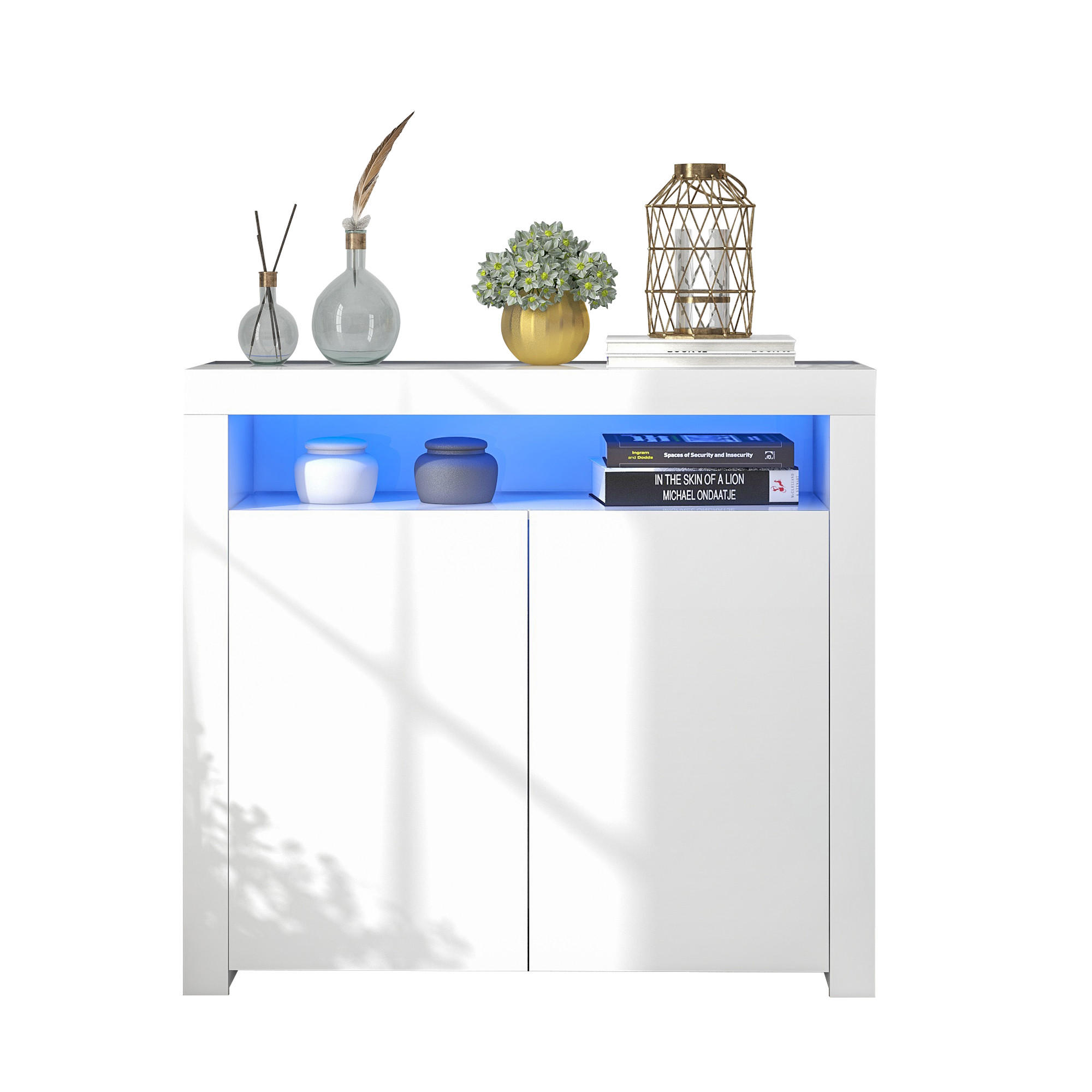 SIDEBOARD i vit h&ouml;gglans med LED-ljus f&ouml;r matrum & vardagsrum, B108/D40/H92cm 92/108/40 cm