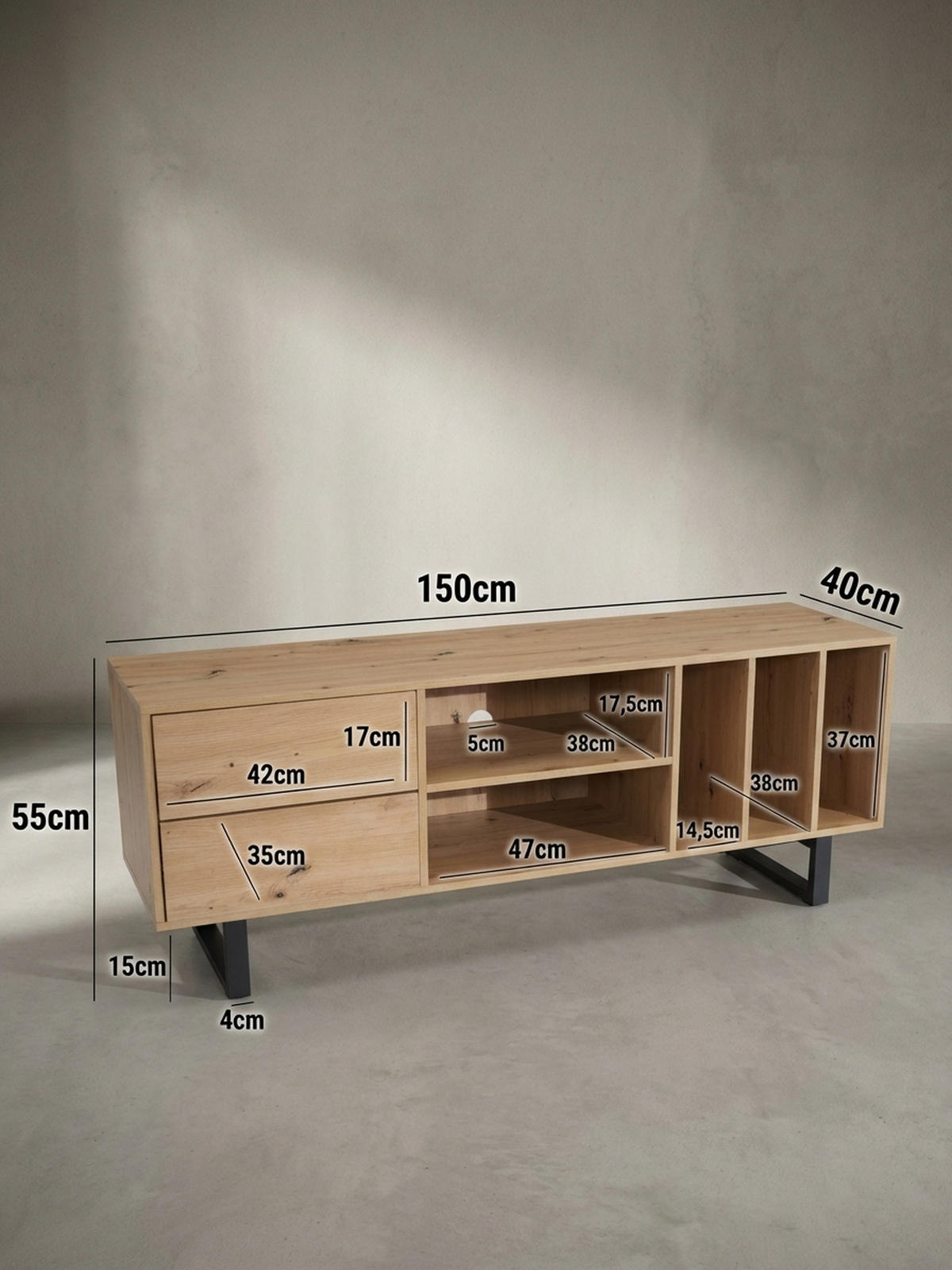 TV-LOWBOARD mit Eiche-Dekor, Schubladen und offenes Regal, modern, Braun 150x40x55 cm - Schwarz/Braun, Holzwerkstoff/Metall (150/55/40cm) - KADIMA DESIGN