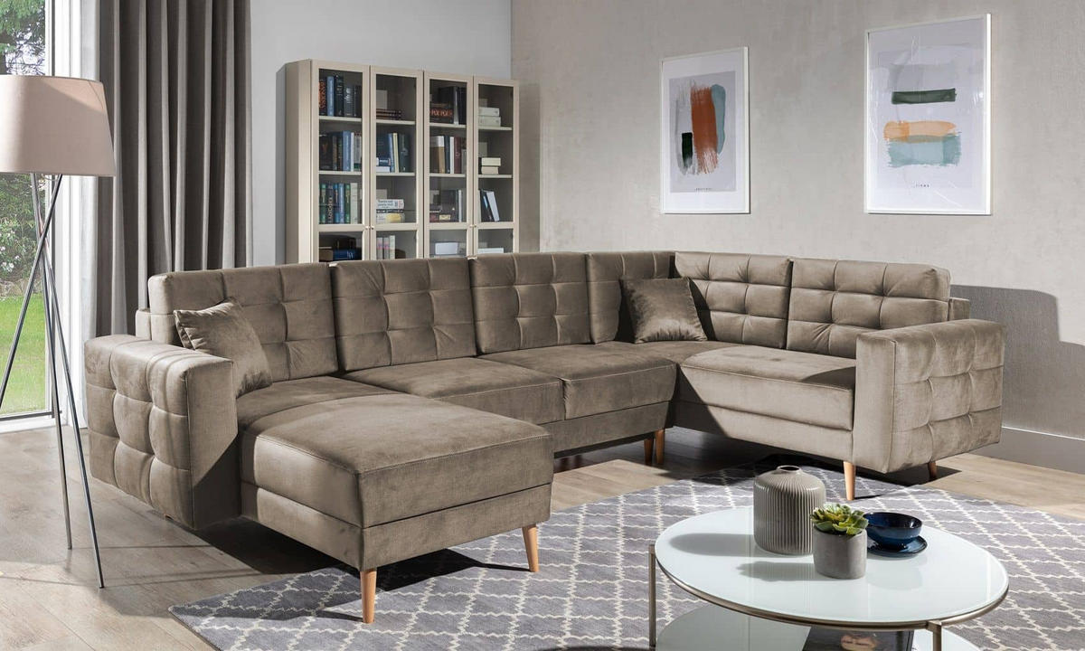 WOHNLANDSCHAFT mit Schlaffunktion, beidseitig montierbar - Hellbraun/Pinienfarben, Holz/Textil (326/92/202cm) - Eltap