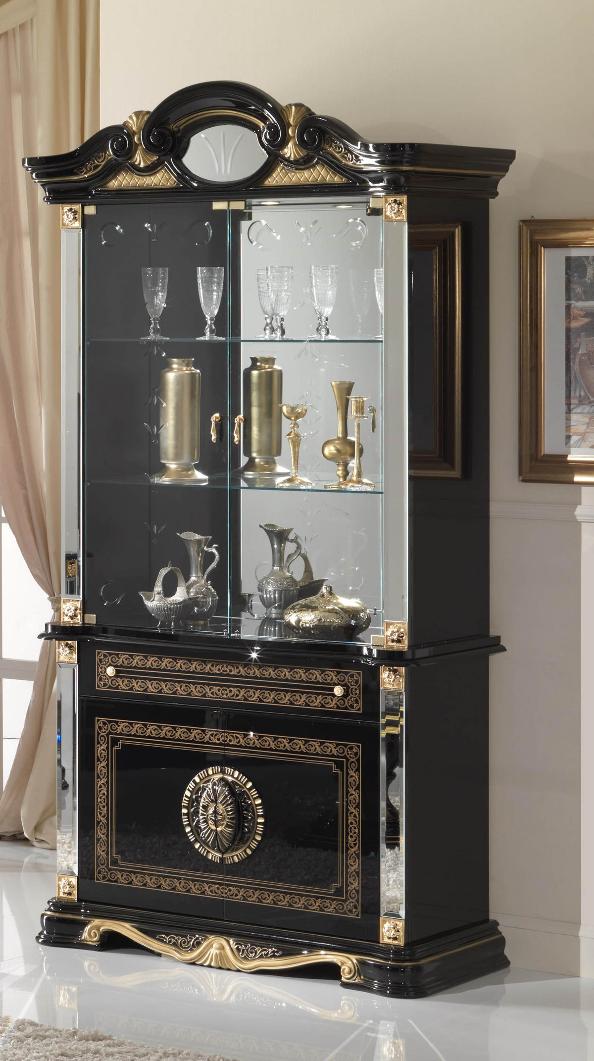 VITRINE BELLA in Schwarz/Gold 4-Türig - Schwarz Hochglanz/Goldfarben, Glas/Holzwerkstoff (105/213/50cm) - Interdesign24