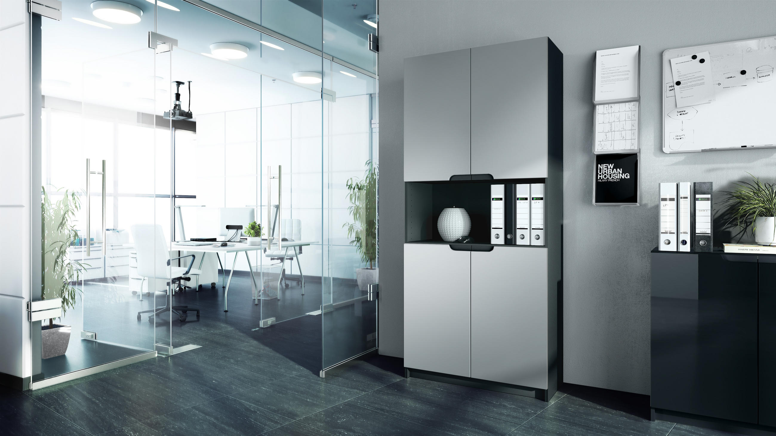 BÜROSCHRANK Logan Fronten in Hellgrau Seidenmatt - Greige, Holzwerkstoff (82/184/37cm) - Vladon