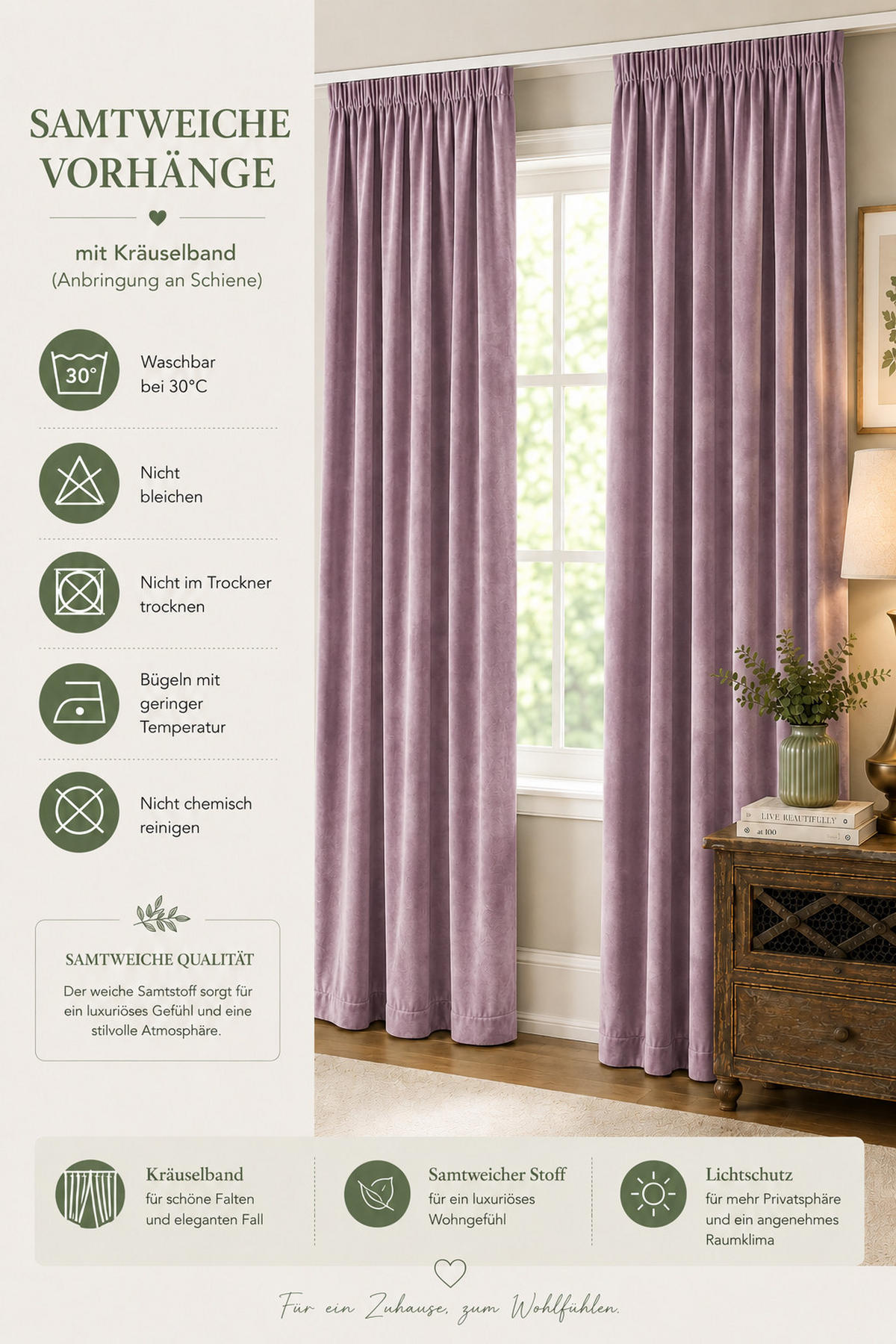 VORHANG Kräuselband Samt 140/145 cm altrosa - Altrosa, Textil (140/145cm) - TiborTex