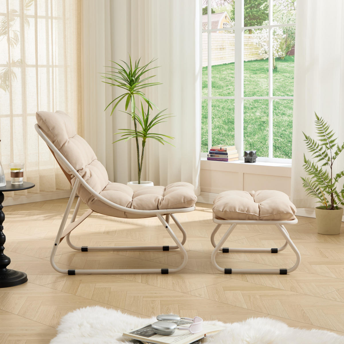 SCHAUKELSTUHL mit Dickem Kissen und Hocker Metallrahmen für Garten Balkon Wohnzimmer - Beige, Metall (65/86/78cm) - PARAFTA HOME