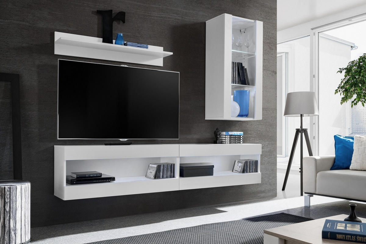 WOHNWAND 4-er Set, TIVOLI SET5 Weiß + Weiß, Offener Raum - Weiß, Glas/Holzwerkstoff (240/195/35cm) - Komodee