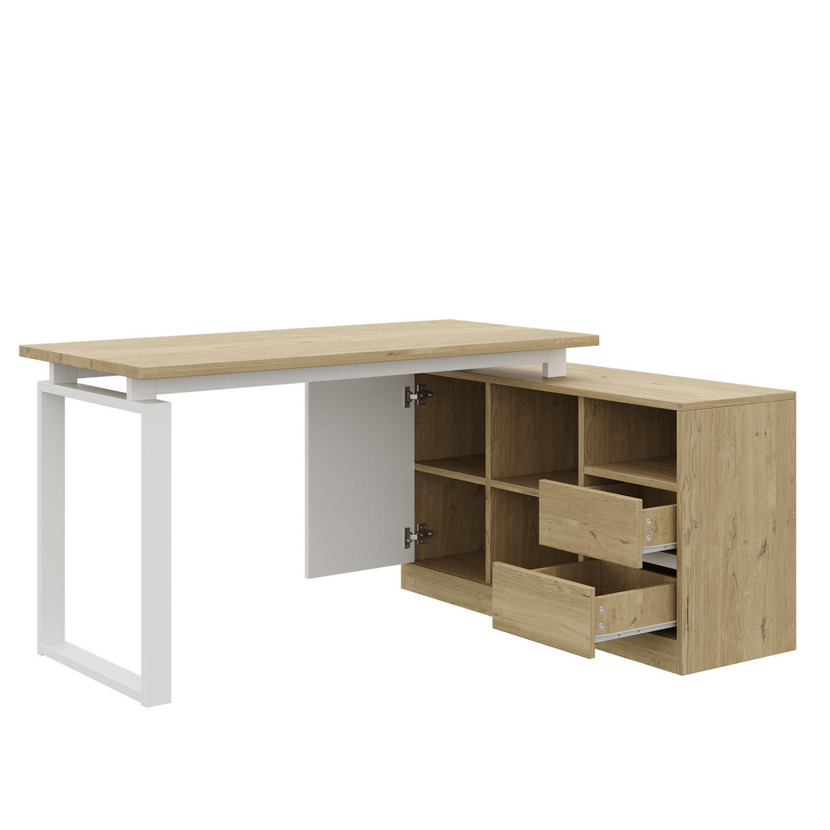 SCHREIBTISCH in Naturfarbe L-förmiger Bürotisch mit 2 Schubladen und verstellbaren Regalböden - Weiß/Naturfarben, Holzwerkstoff/Metall (40/113.5/76cm) - STILVORA
