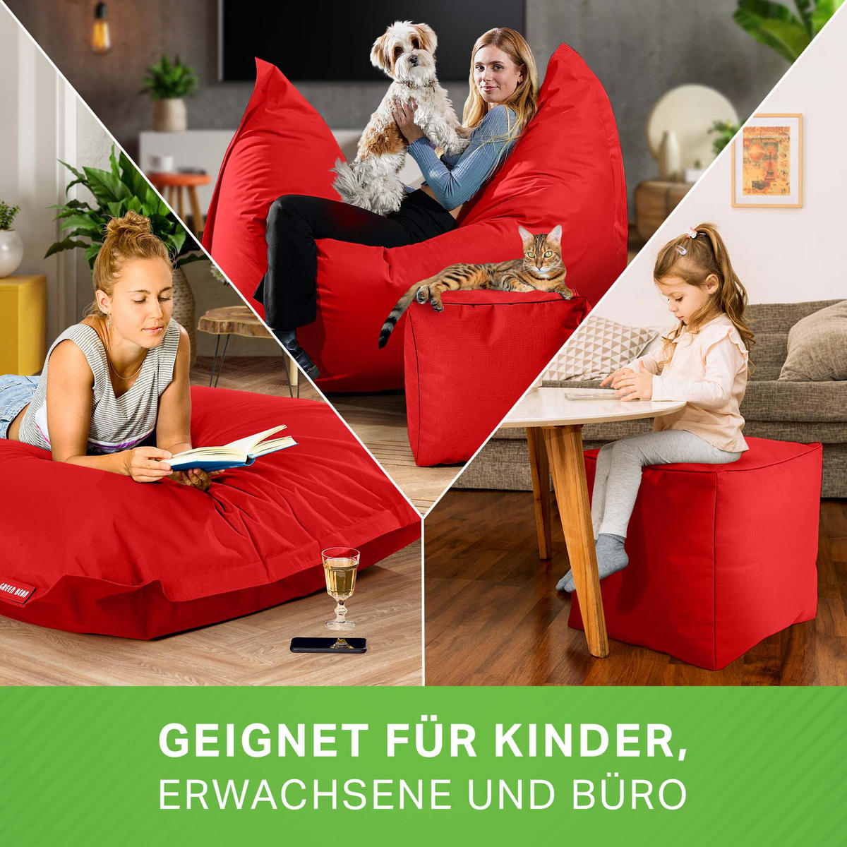 XXL-SITZSACK + Pouf 2er Set - 140x180cm - Rot, Textil (140/25/180cm) - Green Bean