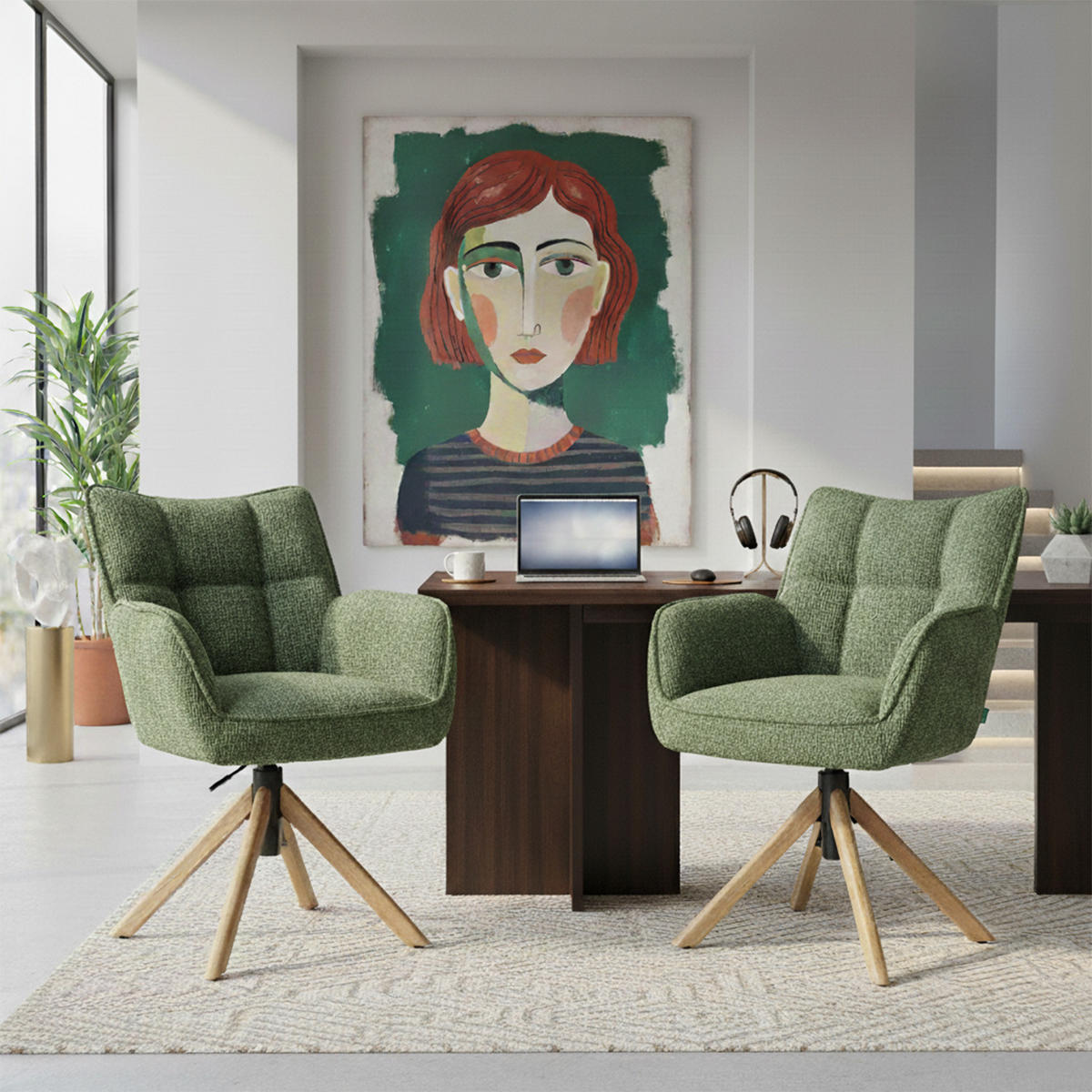 BÜROSTUHL Mika-Keno - Honigeiche/Grün, Eichenholz/Holz (59/85/66cm) - DUBI Möbel