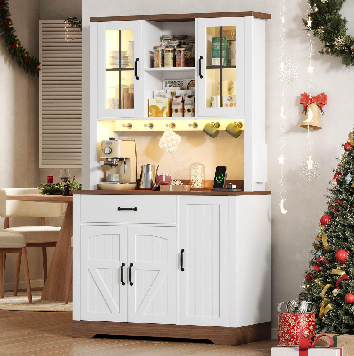 BUFFETSCHRANK 105/40/185 cm aus MDF mit LED-Beleuchtung, Steckdosenmodul und verstellbaren Einlegeböden, Natur/Weiß - Naturfarben, Holzwerkstoff (105/185/40cm) - Redom