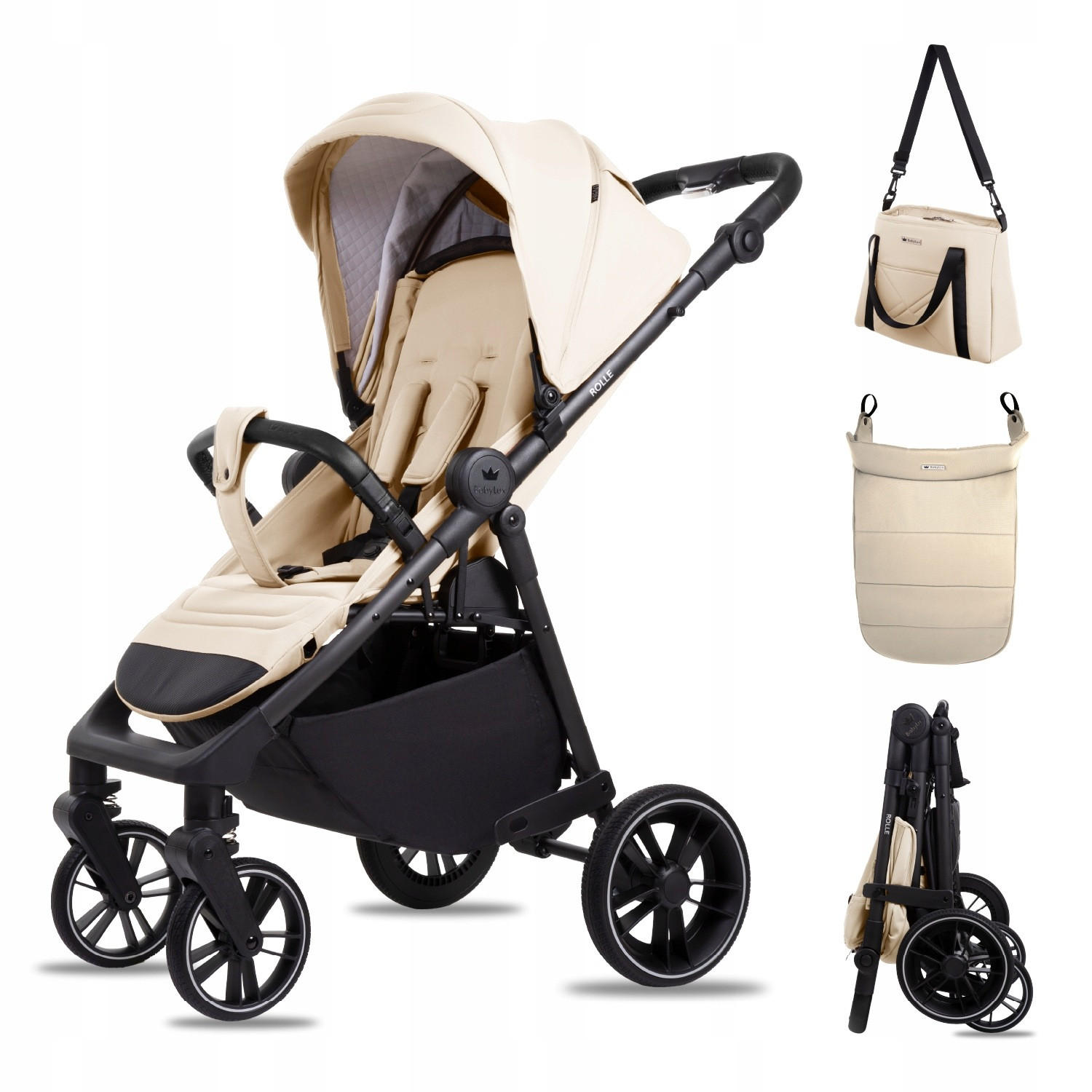 BUGGY Rolle, Klein und Leicht, Teleskopische Führung, Kompakt Faltbar, Wickeltasche, Reisetasche - Beige/Schwarz, Textil/Metall (58/98cm) - BabyLux