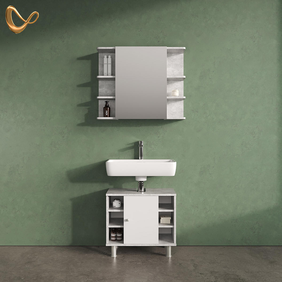 BADMÖBEL-SET Fucino Beton 2 Teile - Schieferfarben/Weiß, Holzwerkstoff (60/54/32cm) - Livinity®
