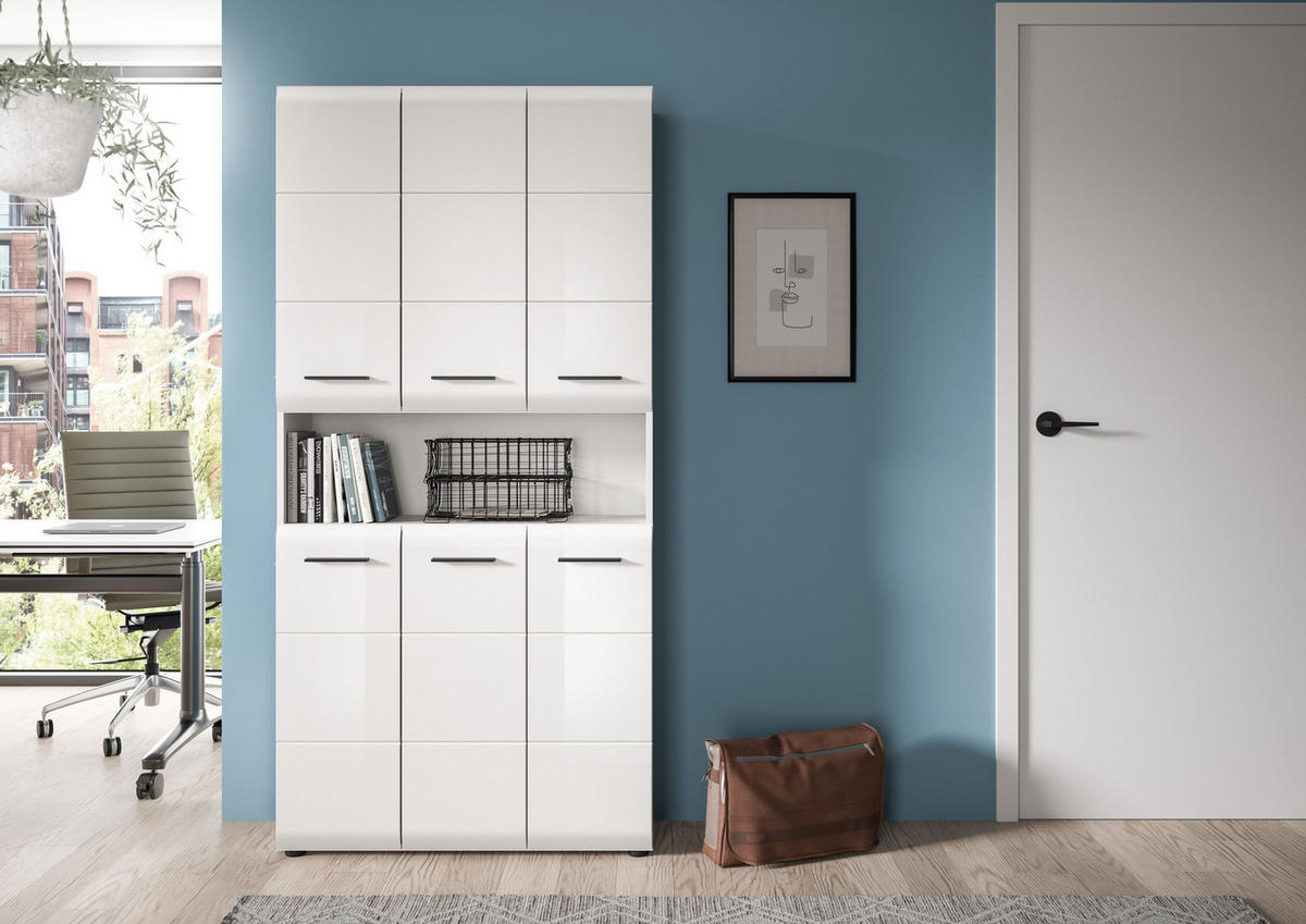 MEHRZWECKSCHRANK Alba (B/H/T: ca. 90/185/30 cm) in Weiß/weiß hochglanz - Weiß, Holzwerkstoff (90/185/30cm)