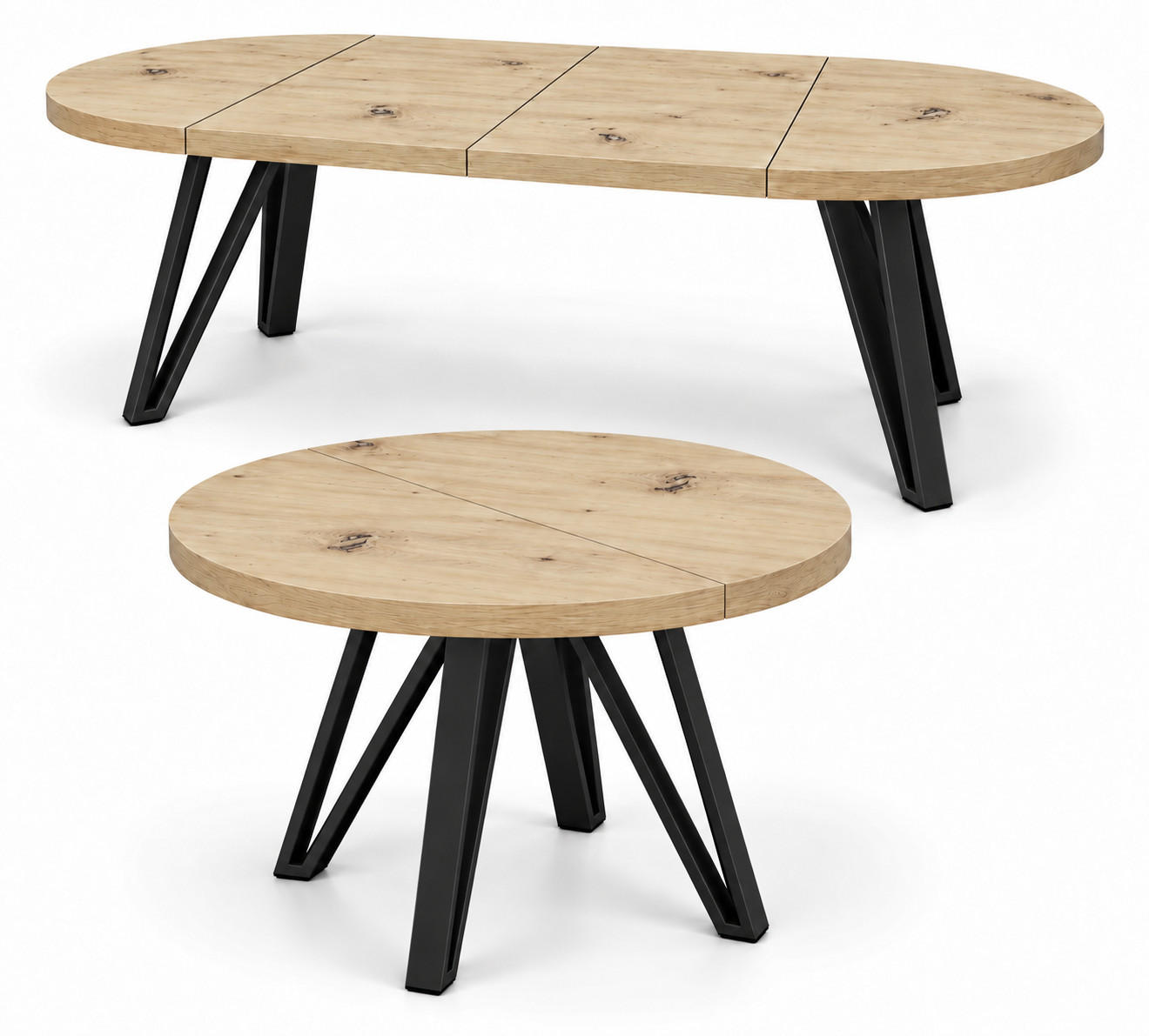 ESSTISCH rund ausziehbar 110/210/76 cm, Artisan Eiche, 54 cm Tischplatte + Industrial Metallgestell Schwarz - Schwarz/Eiche Artisan, Holzwerkstoff/Metall (110/210/76cm) - Damale Möbel
