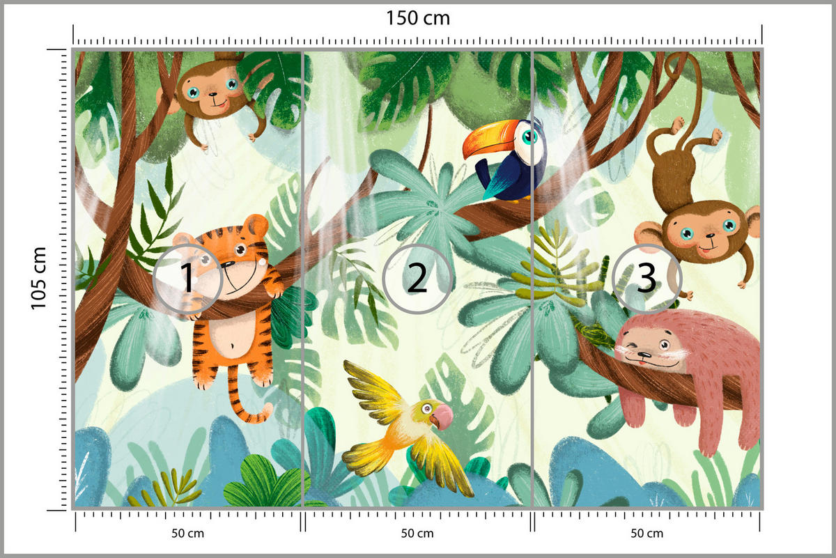 FOTOTAPETE für Kinderzimmer Süße Dschungeltiere Monstera Affen Tiger Vogel 150x105 - Gelb/Beige, Papier (150/105cm) - Muralo