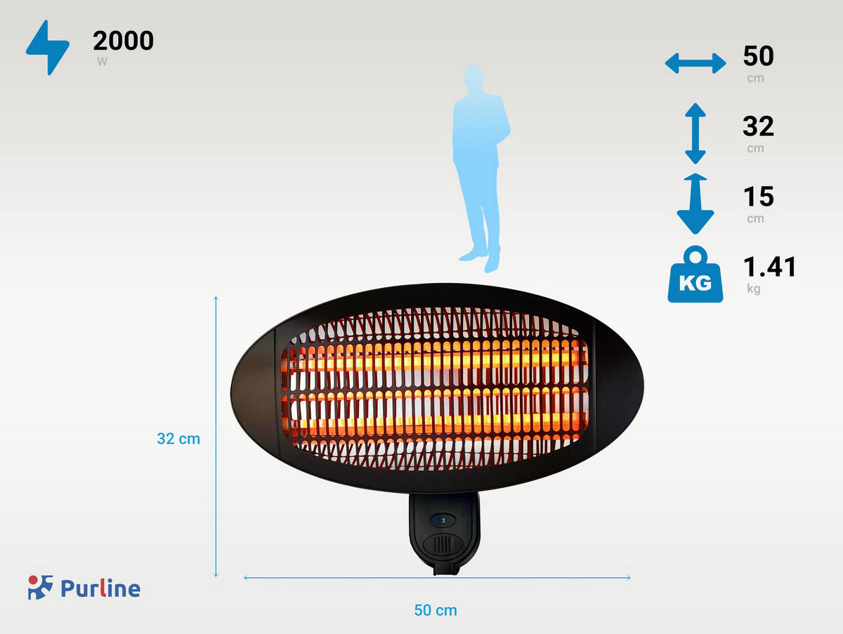 HALOGEN-HEIZUNG für Wandmontage Schwarz für Außenbereich und Bad 2000 W - Schwarz, Kunststoff/Metall (50/32/15cm) - Purline