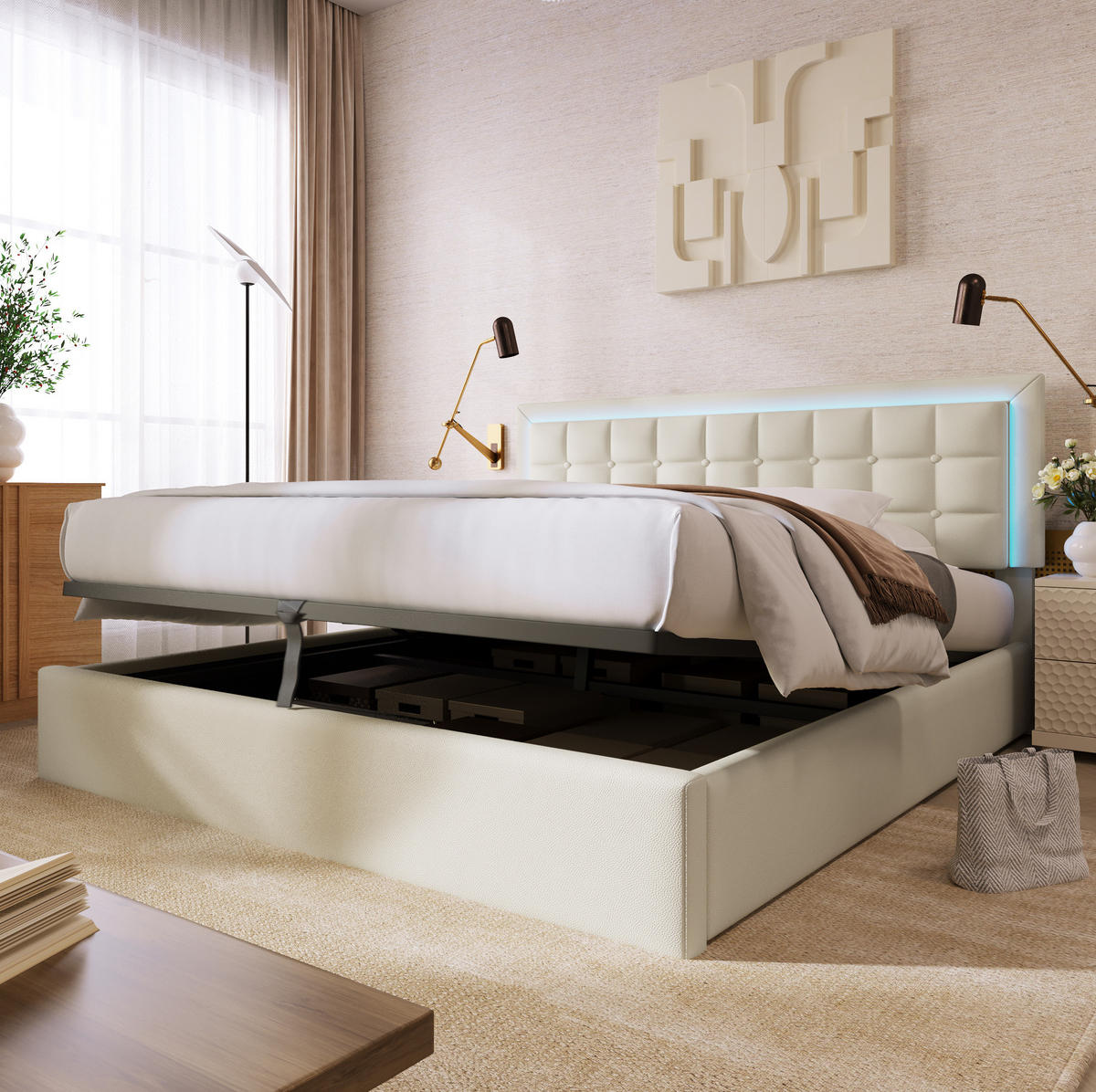 POLSTERBETT 140/200 cm mit Matratze LED-Beleuchtung, Bettkasten und Taschenfederkernmatratze, Weiß - Weiß, Kunststoff - Redom