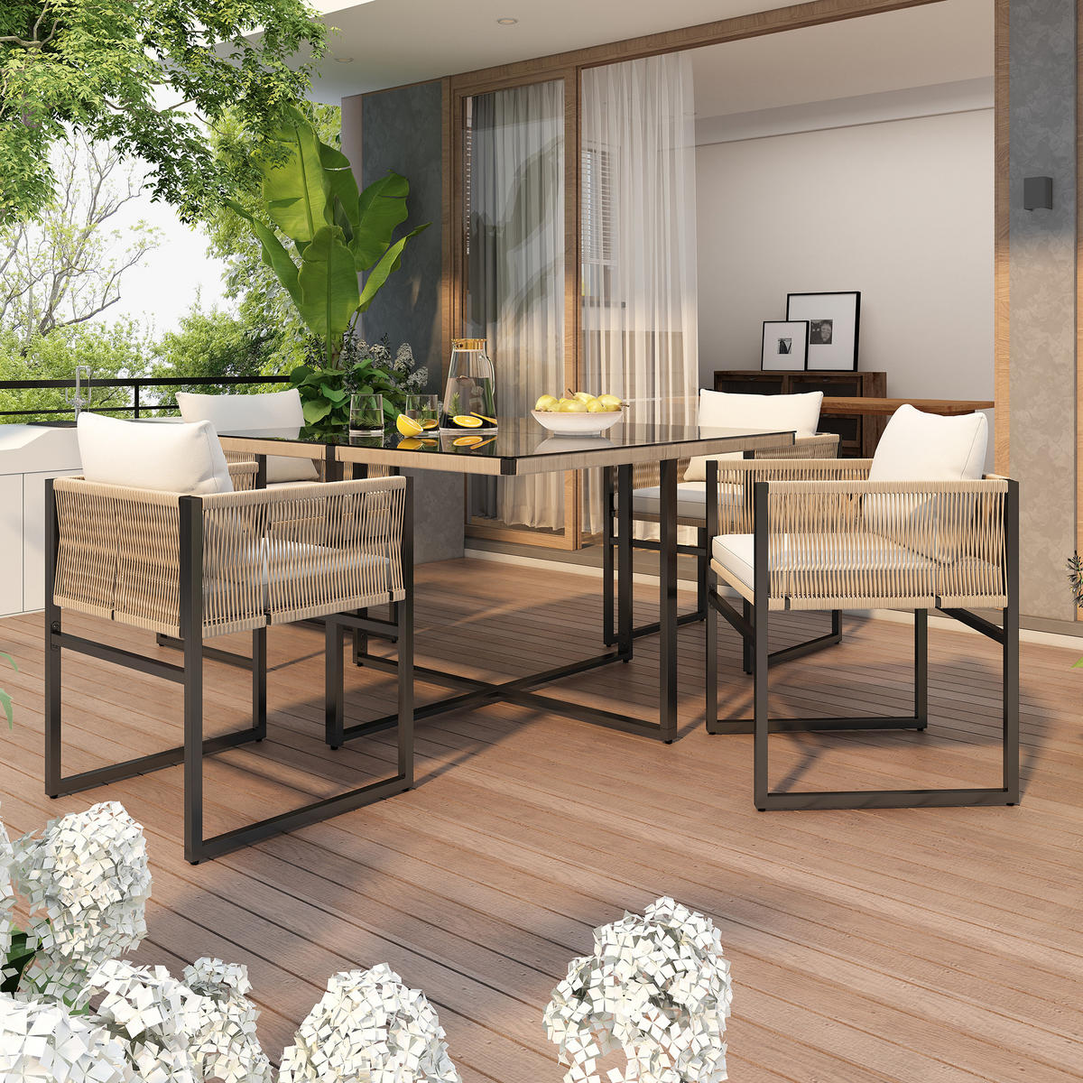 GARTENESSGRUPPE 5-tlg. Tisch 4 Stapelstühle Seil Eisen Glas - Beige, Metall - FLIEKS