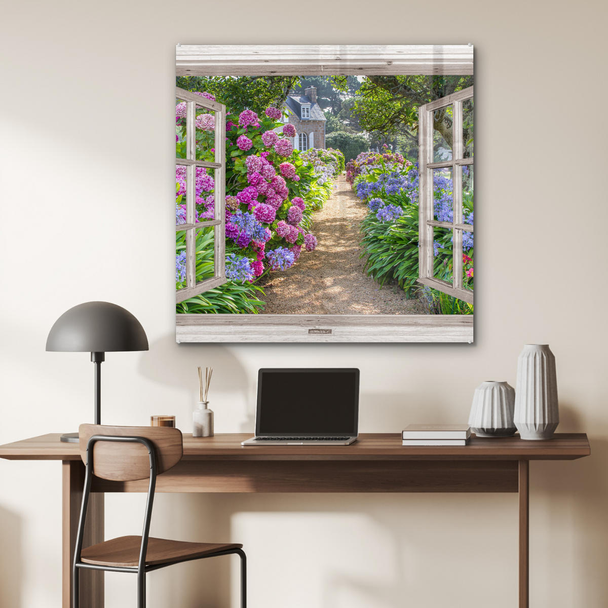 ACRYLGLASBILD Hortensie - Durchsichtig - Blumen - Sommer - Lila - Weg 90x90 cm - Lila, Glas (90/90cm) - MuchoWow