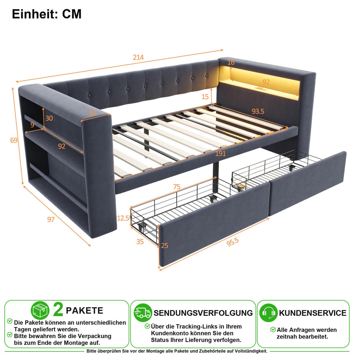 POSTEL 90/190 cm v tmavě šedé barvě s LED, elektrickou zásuvkou a úložným prostorem - šedá, kov/kompozitní dřevo (90/190cm) - CHICFURN