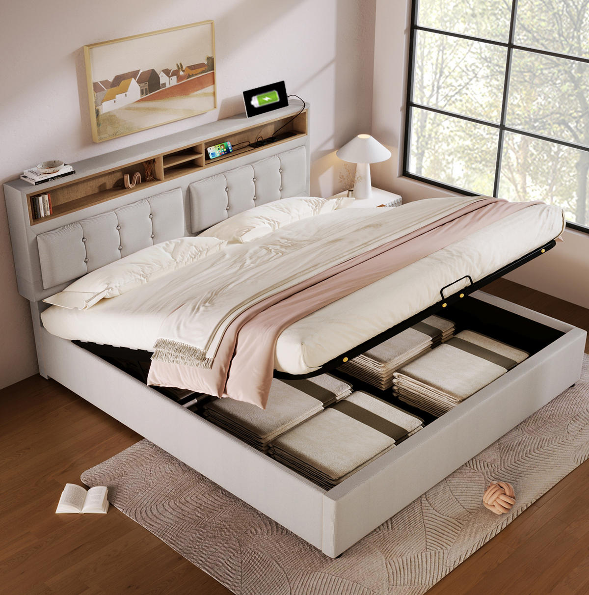 POLSTERBETT 160/200 cm mit Bettkasten, Lattenrost und verstellbarem Kopfteil - Beige, Textil (160/200cm) - BEAOK