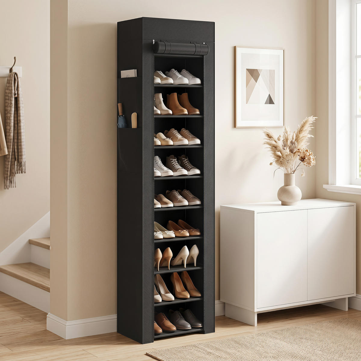 SCHUHSCHRANK Schwarz 30.0/45.0/175.0 cm - Schwarz, Textil (45/175/30cm)