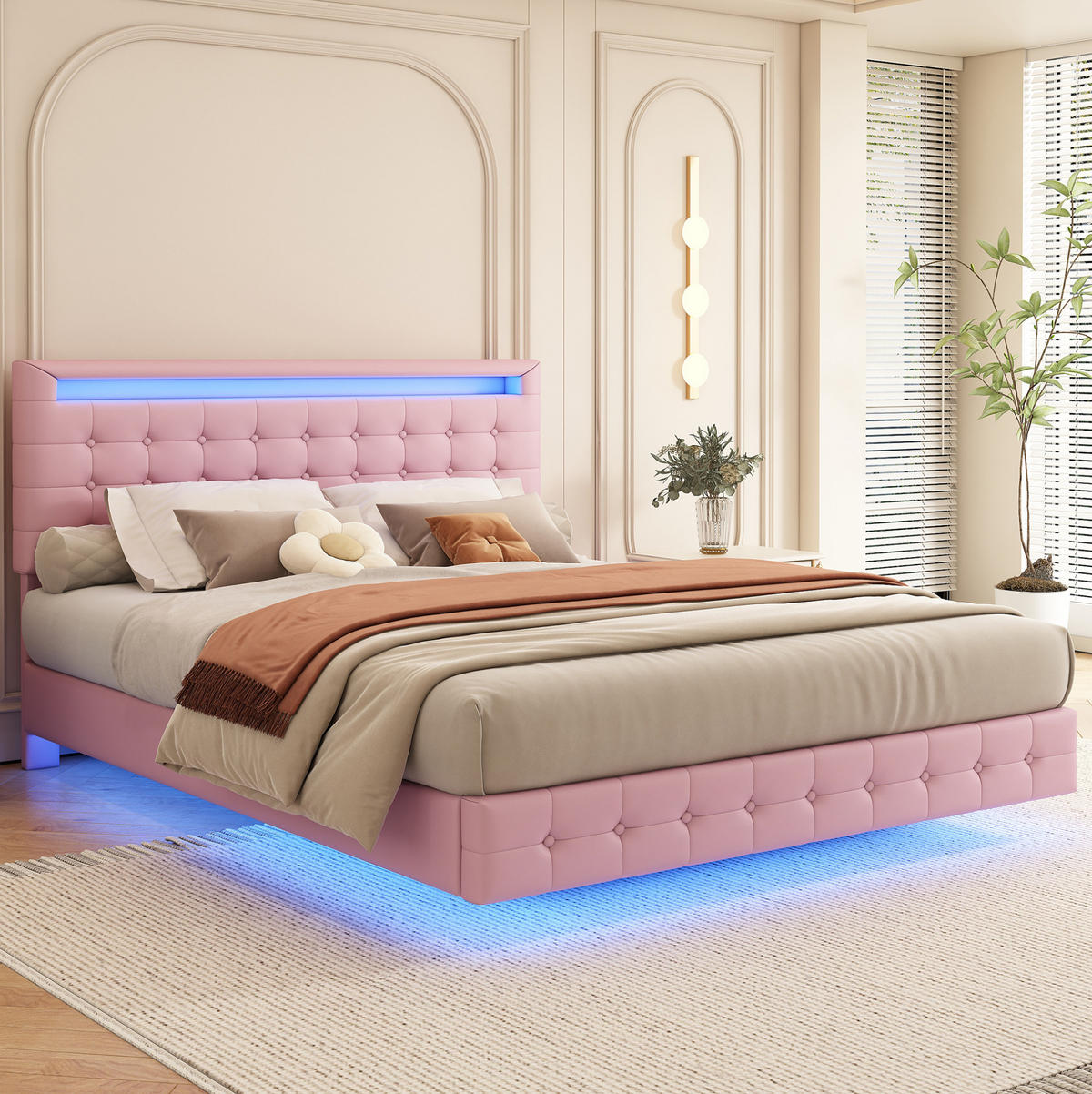 BETT mit LED-Beleuchtung 140x200 cm PU Pink - Pink, Metall (140/200cm) - Meubliv