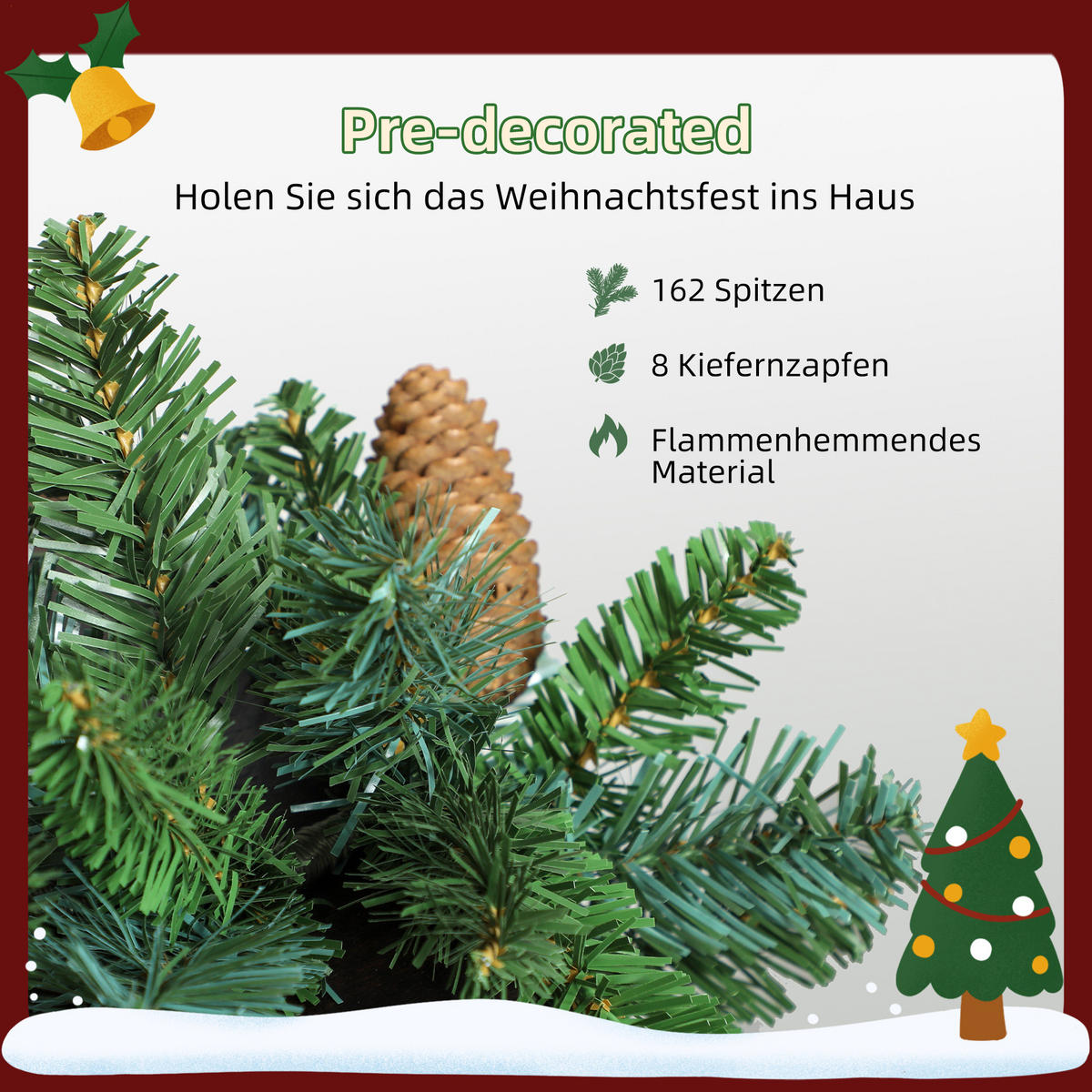 1,8 m künstliche Weihnachtsgirlande Blumendekoration mit Spitzen Tannenzapfen - Grün, Kunststoff (180cm) - HOMCOM
