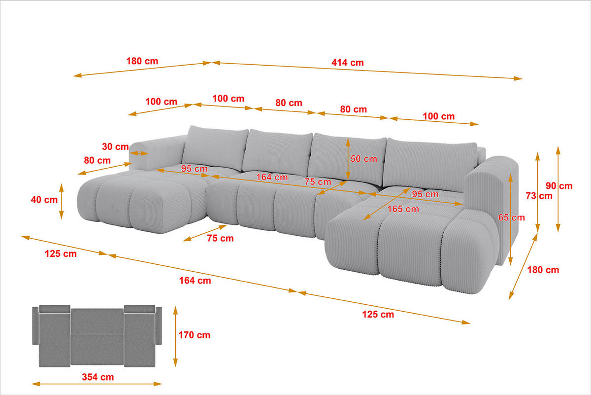 WOHNLANDSCHAFT Ottomane Links CLOUD-U 414x180x40 Grau Cord - Grau, Holzwerkstoff/Kunststoff (414/90/180cm) - ALTDECOR