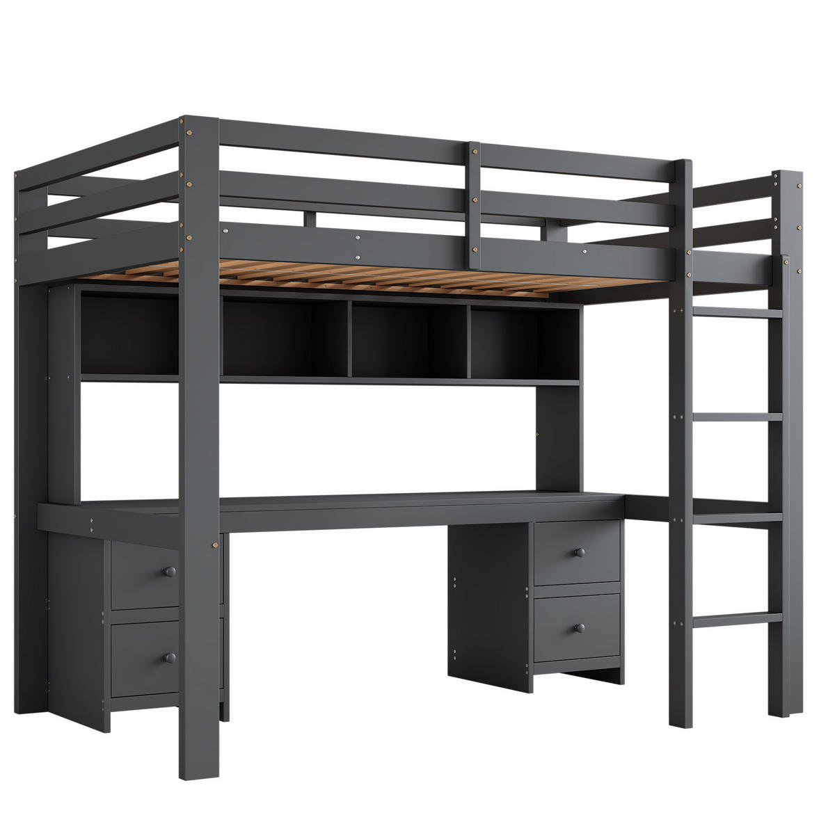 HOCHBETT 90/200 cm mit Schreibtisch, 4 Schubladen und 4 Ablagefächern aus Kiefern Holzwerkstoff und MDF, Grau - Grau, Holzwerkstoff (90/200cm) - Redom