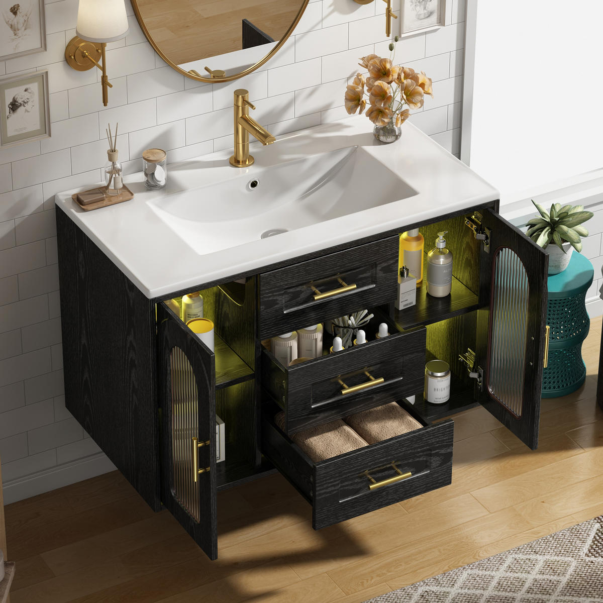 BADEZIMMERSCHRANK Wandmontiert Waschbecken LED Glasfront Schwarz 76cm - Schwarz, Glas (76/55/46cm) - FLIEKS