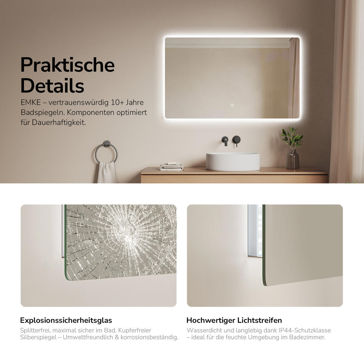 BADSPIEGEL mit Power-Off-Memory-Funktion Beleuchtung Rechteckig 100/60 cm - Weiß, Glas (60/3/100cm) - EMKE