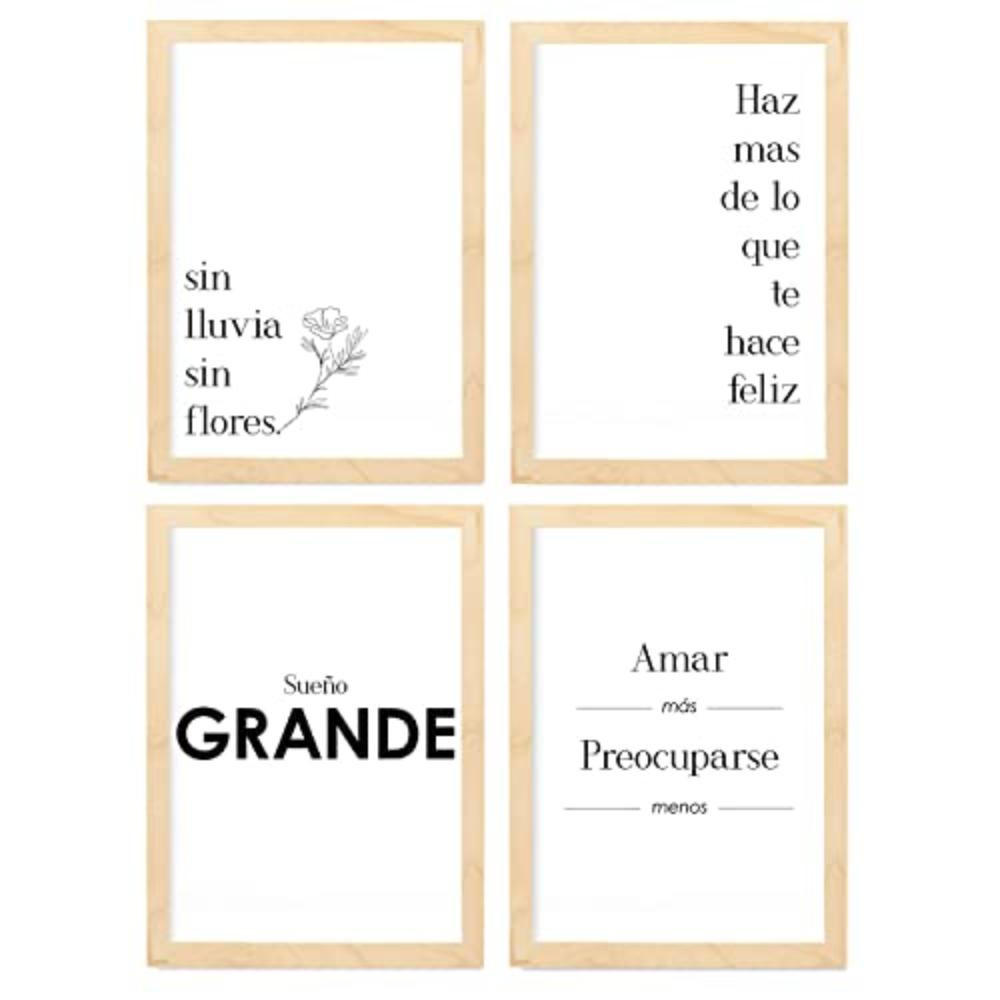 POSTER Set mit 4 Glücklich TypografieStil A3 Rahmen aus hellem Holz - Beige, Papier (29.7/3cm) - Nacnic