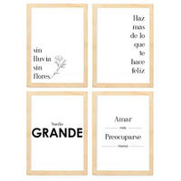 POSTER Set mit 4 Glücklich TypografieStil A3 Rahmen aus hellem Holz - Beige, Papier (29.7/3cm) - Nacnic