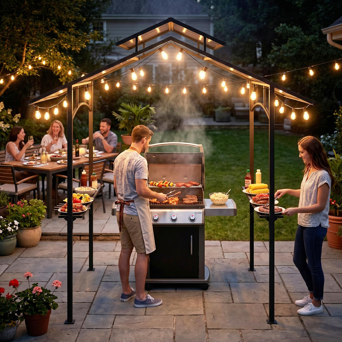 GRILOVACÍ PAVILON s protipožární střechou 2,5 x 1,5 m BBQ pavilon se 2 policemi ocel PC - černá, kov (150/250/240cm) - Outsunny