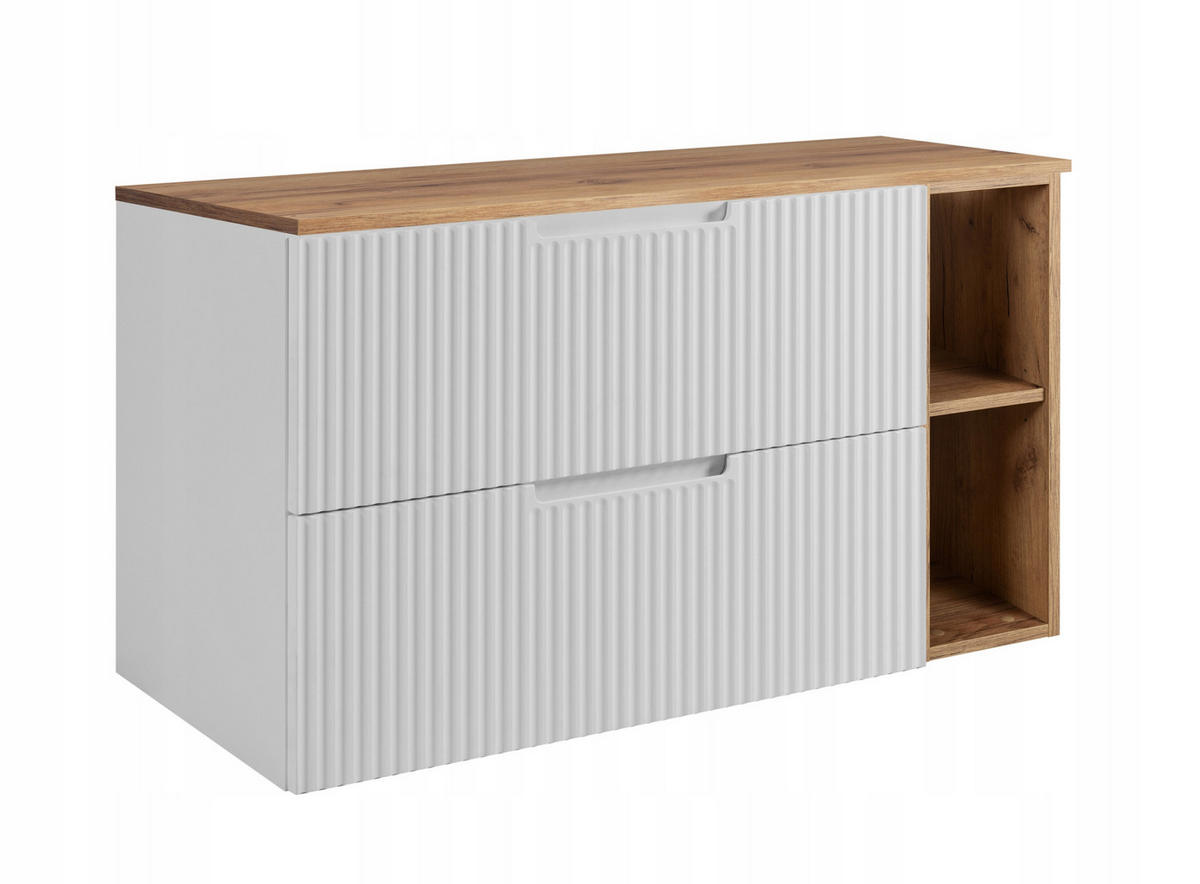 WASCHBECKUNTERSCHRANK VENA 80 cm mit Arbeitsplatte Farbe: Eichen Craft mit einem Regal Gerillte Vorderseite Mattweiß - Eichefarben/Weiß, Holzwerkstoff (80/58/46cm) - Rodan