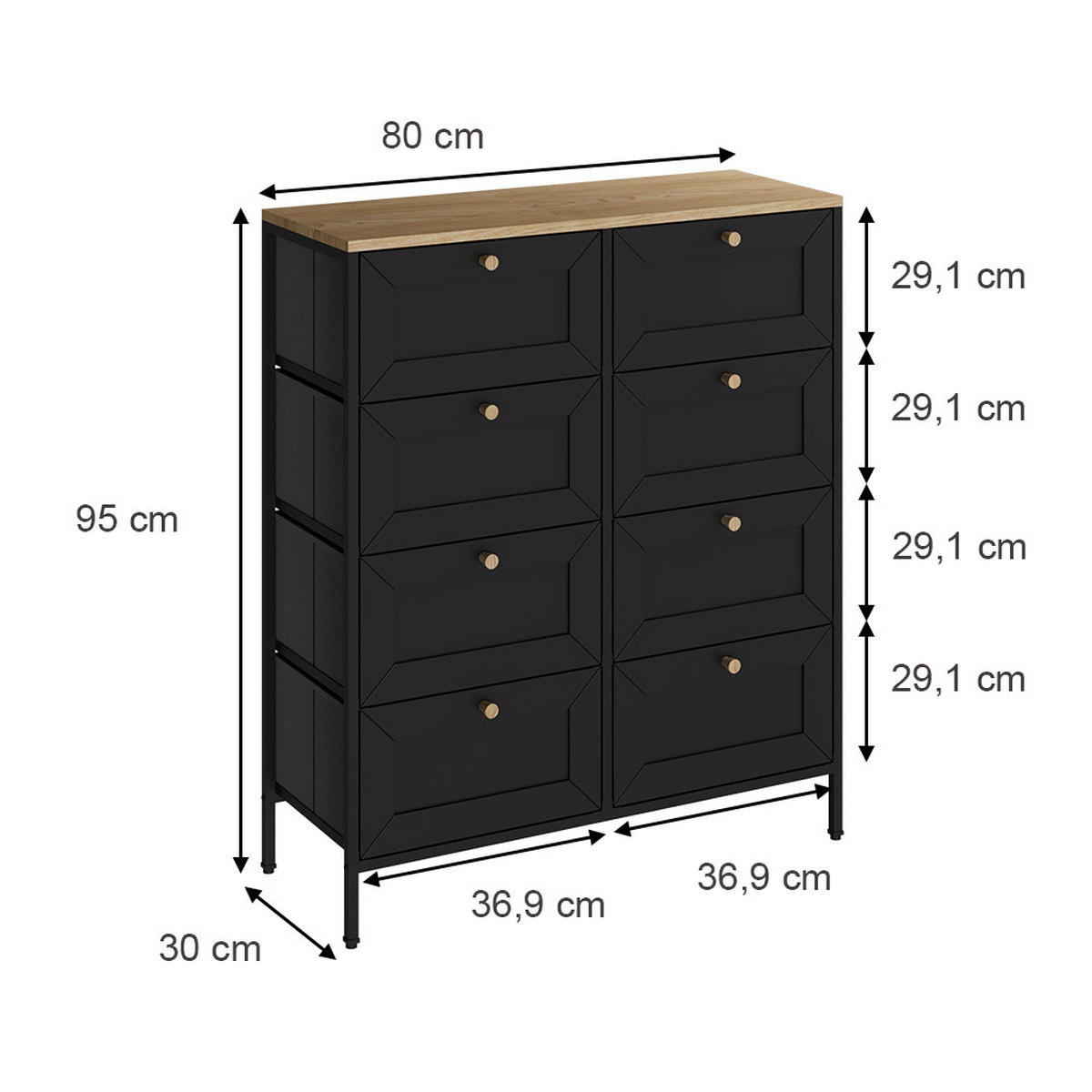 KOMMODE Belaro Schwarz 80 x 95 cm mit 8 Schubladen - Schwarz, Holzwerkstoff (80/95/30cm) - Vicco