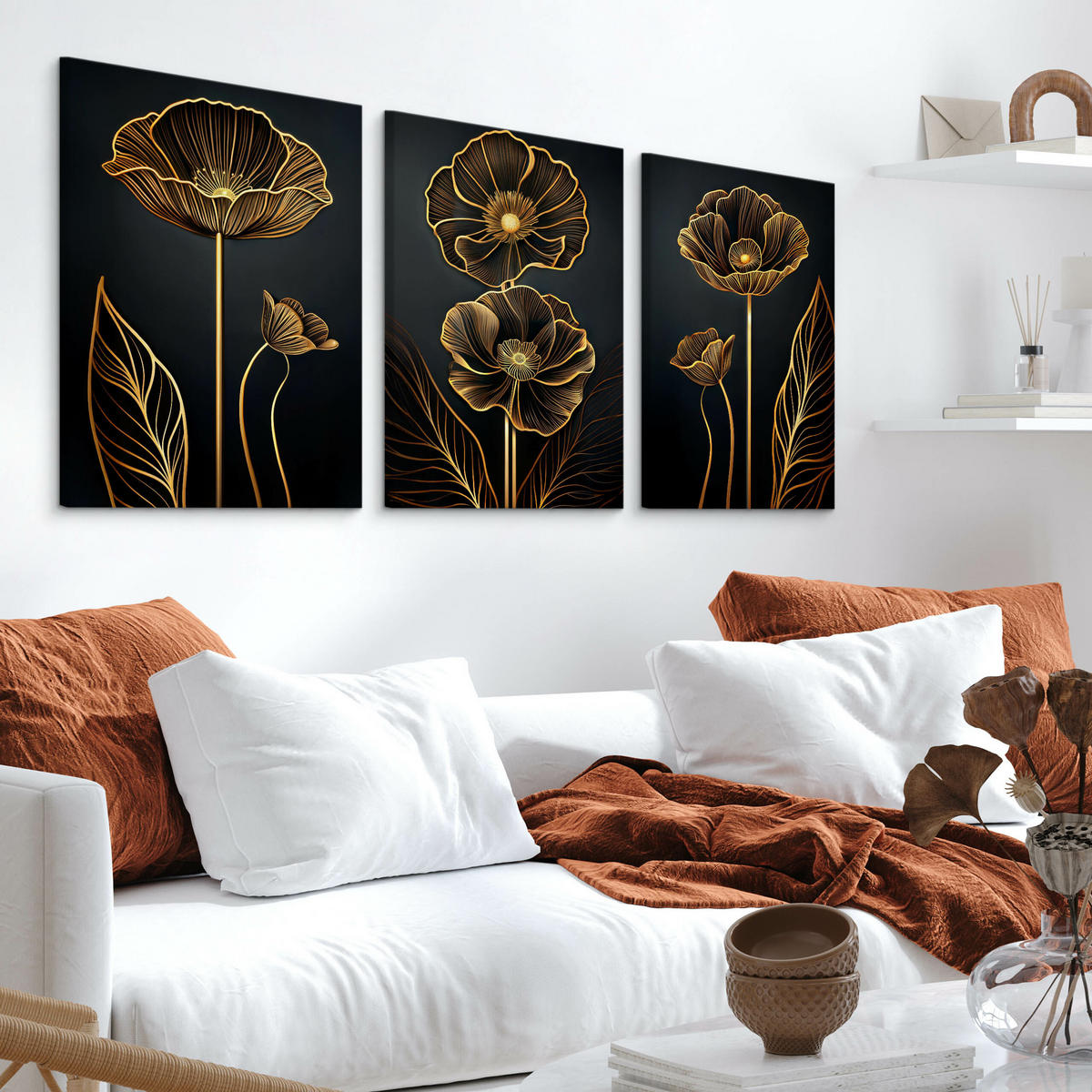 LEINWANDBILDER 3-es Set Abstrakte Blumen - Beige/Schwarz, Textil (90/40cm) - Muralo