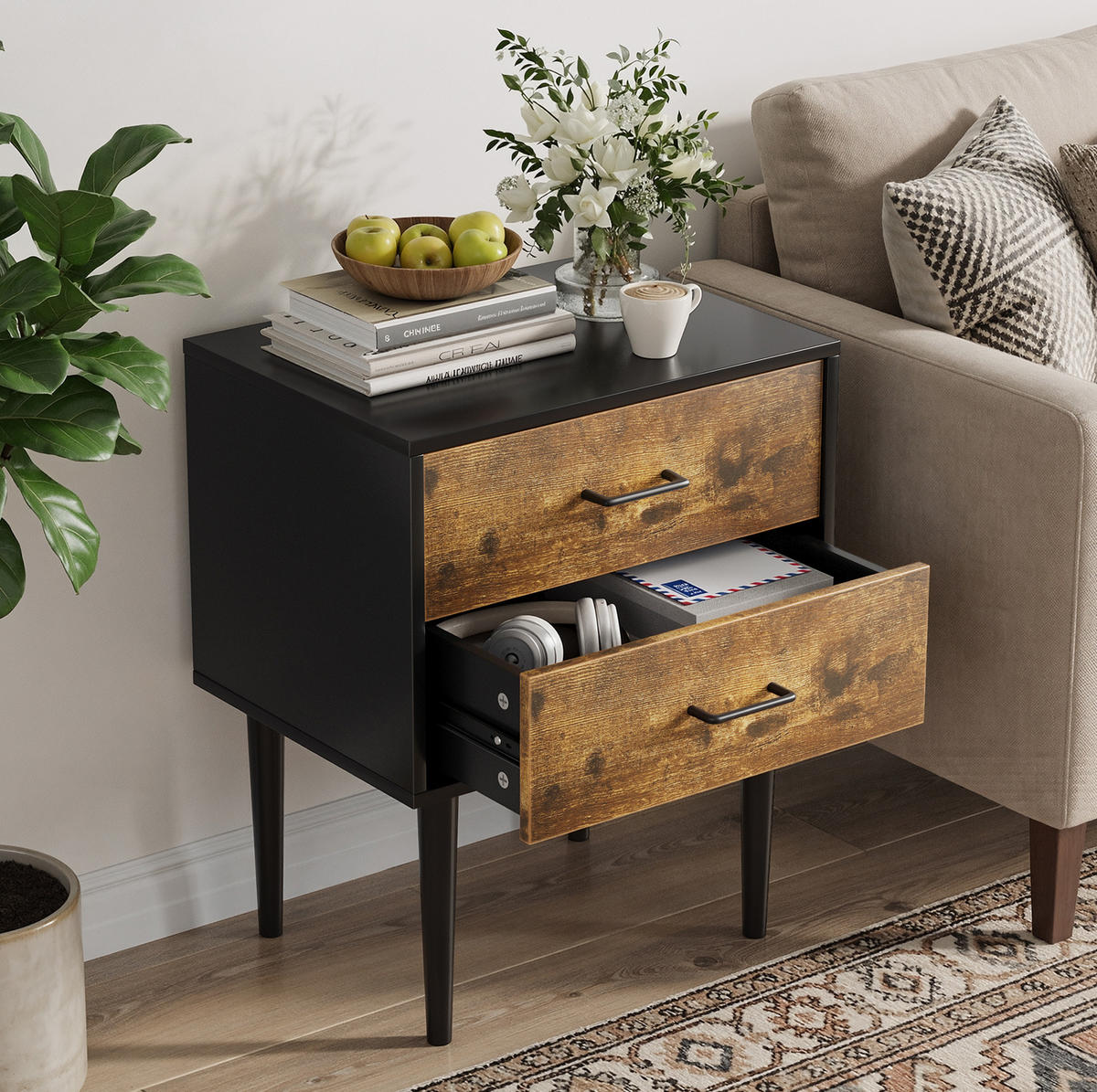 NACHTTISCH mit 2 Schubladen 51/38/66 cm in Antikbraun im Retro-Industrial-Stil - Braun, Holzwerkstoff (38/66/51cm) - BEAOK