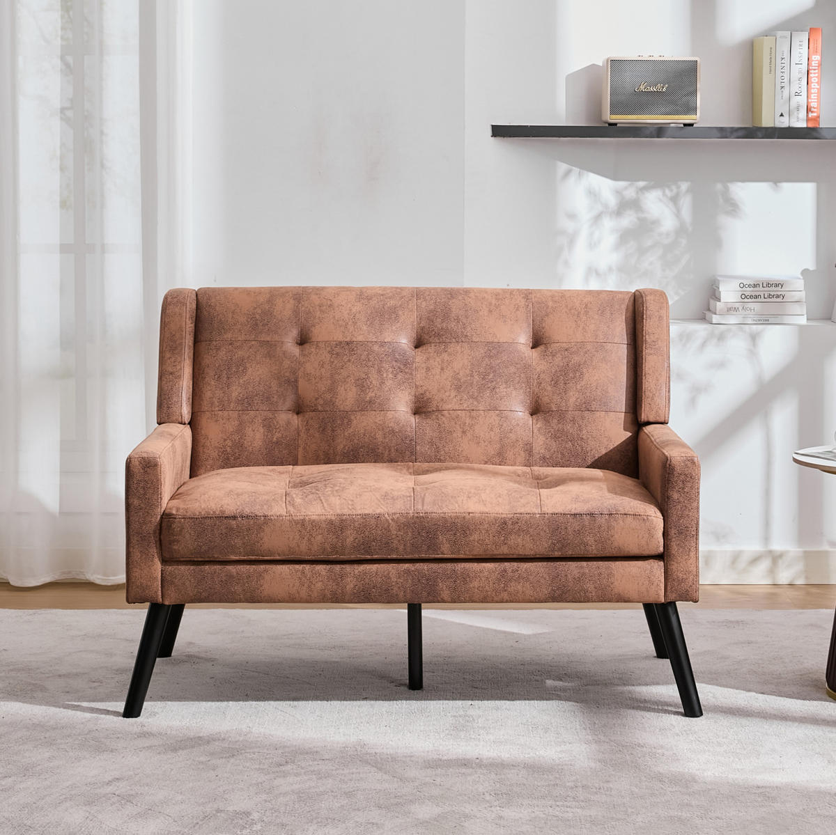 SITZBANK 2-Sitzer Suedevlies-Polster mit Knopfheftung, Massivholzbeinen 119/75/88 cm Dunkelbraun - Dunkelbraun, Textil (75/88/119cm) - Redom