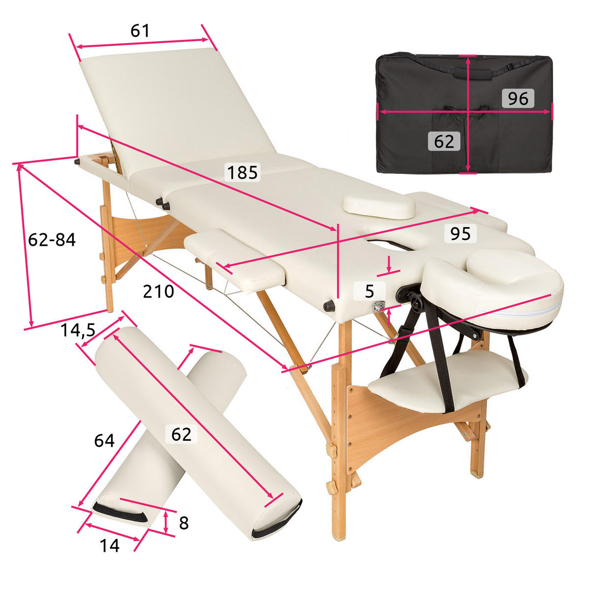 MASSAGELIEGE-SET 3 Zonen Daniel,210 x 95 x 84 cm,beige - Beige, Holz (95/84/210cm) - tectake